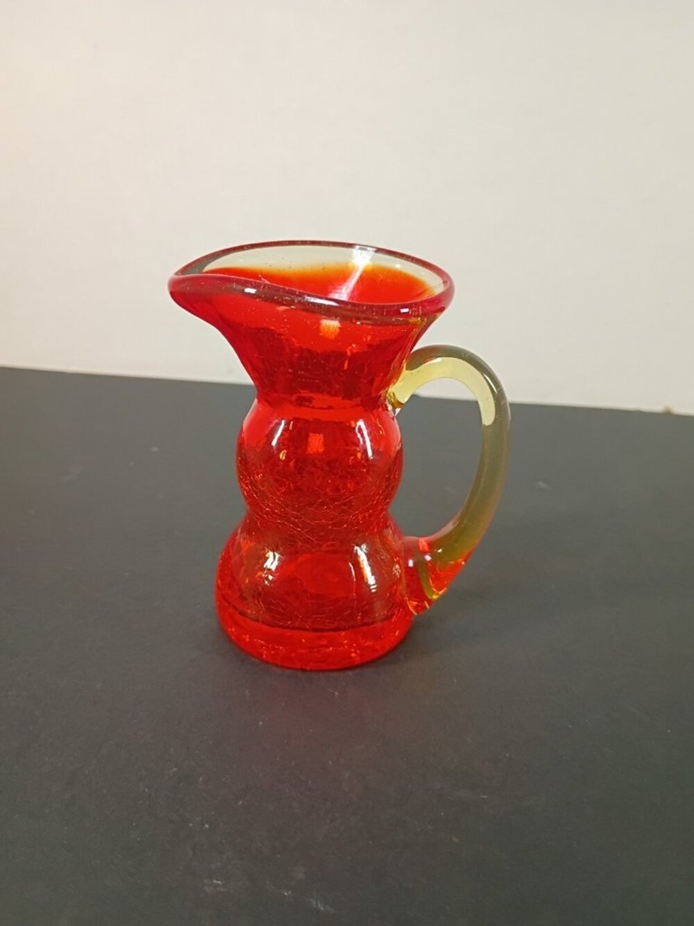 Vintage Kanawha Yellow Amberina Crackle Glass Applied Handle Mini Pitcher Vase